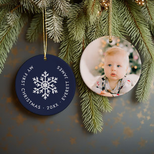 Navy Winter Snowflake First Christmas Keepsake Ceramic Tree Decoration