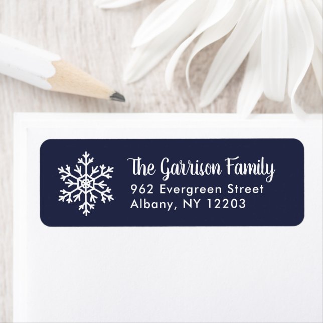 Navy Winter Snowflake Holiday Return Address (Insitu)