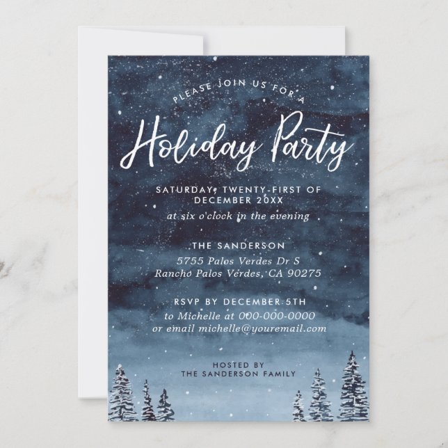 Navy Winter Watercolor Holiday Party Invitation (Front)