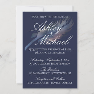 Navy with Digital Watercolor Feather Wedding Invitation