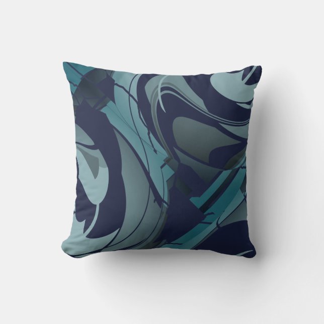 Navy with Light & Dark Teal Grey Swirling Shapes Cushion (Front)