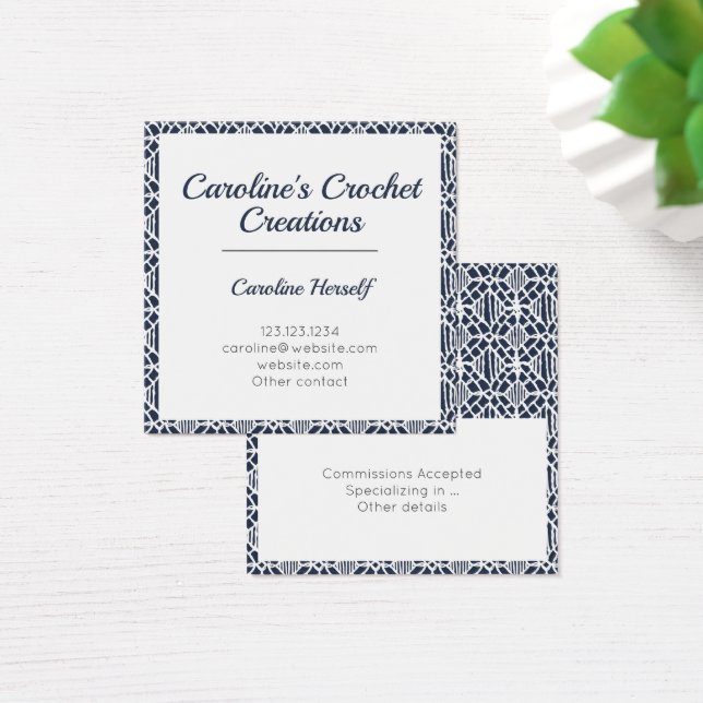 Navy With White Crochet Lace Pattern Business Card (Desk)