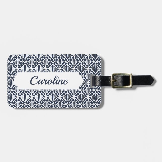 Navy With White Crochet Lace Pattern Luggage Tag (Front Horizontal)