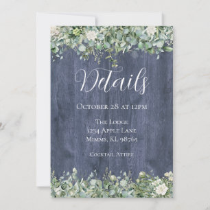 Navy Wood Eucalyptus Wedding Details Card   Rustic