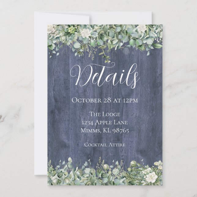 Navy Wood Eucalyptus Wedding Details Card | Rustic (Front)