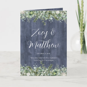 Navy Wood Eucalyptus Wedding Program   Rustic Programme
