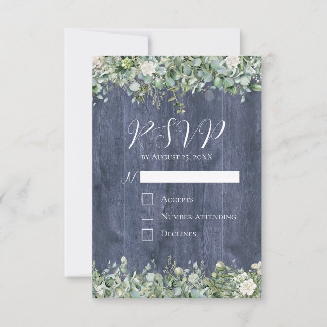 Navy Wood Eucalyptus Wedding RSVP Card | Rustic (Front)