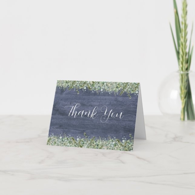 Navy Wood Eucalyptus Wedding Thank You Cards (Front)