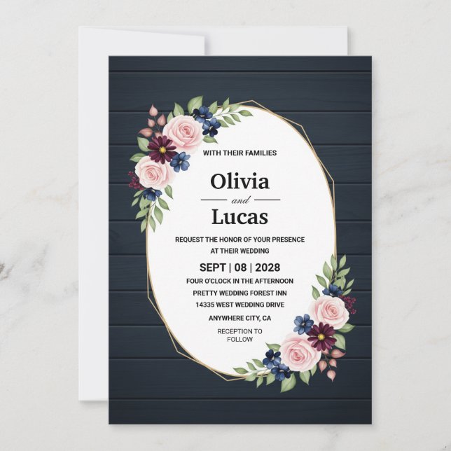 Navy Wood Gold Geometric Floral Wedding Invitation (Front)