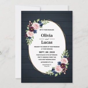 Navy Wood Gold Geometric Floral Wedding Invitation