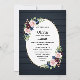 Navy Wood Gold Geometric Floral Wedding Invitation