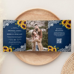 Navy Wood Lace Sunflower Photo QR Code Wedding Tri-Fold Invitation
