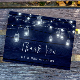 Navy Wood Mason Jars Lights Wedding Thank You Card