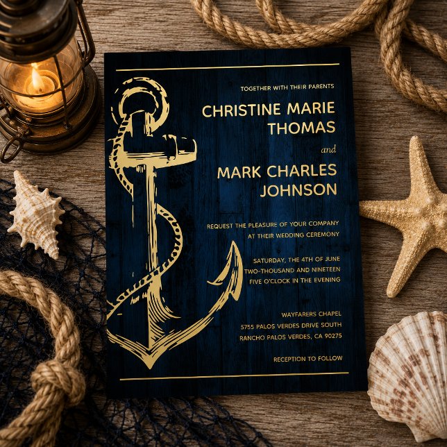 Navy Wood Nautical Ship Anchor Wedding (Tie the knot with this navy nautical sketch anchor wedding invitation. )
