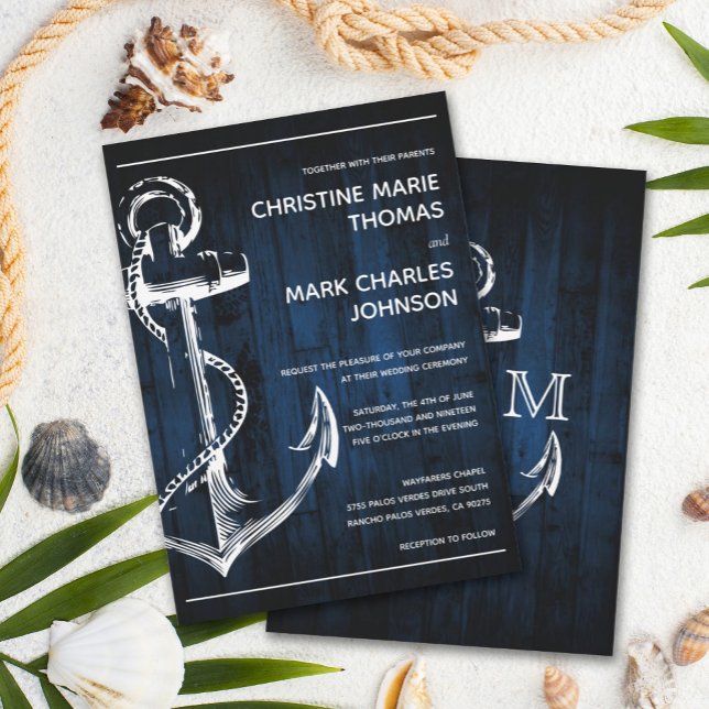 Navy Wood Nautical Ship Anchor Wedding Invitation (Creator Uploaded)