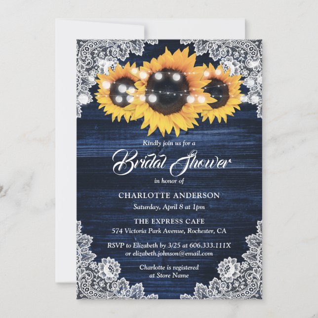 Navy Wood String Lights Sunflower Bridal Shower Invitation (Front)
