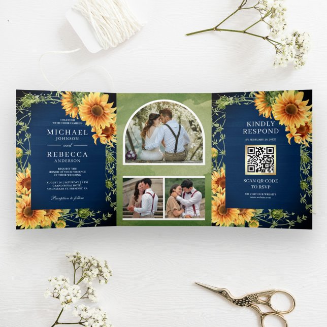 Navy Wood Sunflowers Photo Arch QR Code Wedding Tri-Fold Invitation (Creator Uploaded)