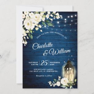 Navy Wood & White Roses Lantern Watercolor wedding Invitation