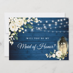 Navy Wood White Roses Will You Be My Maid of Honou Invitation