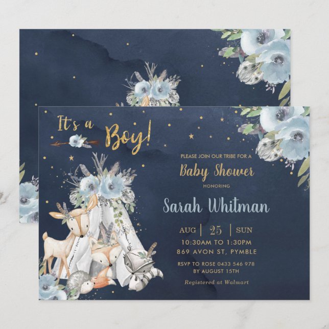 Navy Woodland Animals Tribal Boho Boy Baby Shower Invitation (Front/Back)