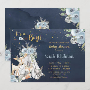 Navy Woodland Animals Tribal Boho Boy Baby Shower Invitation
