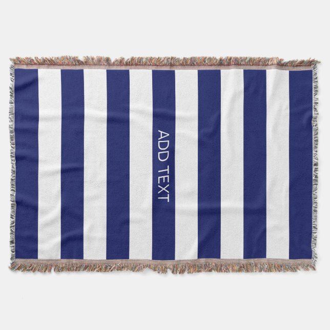 Navy Wt Horizontal Preppy Stripe #2 Name Monogram Throw Blanket (Front)