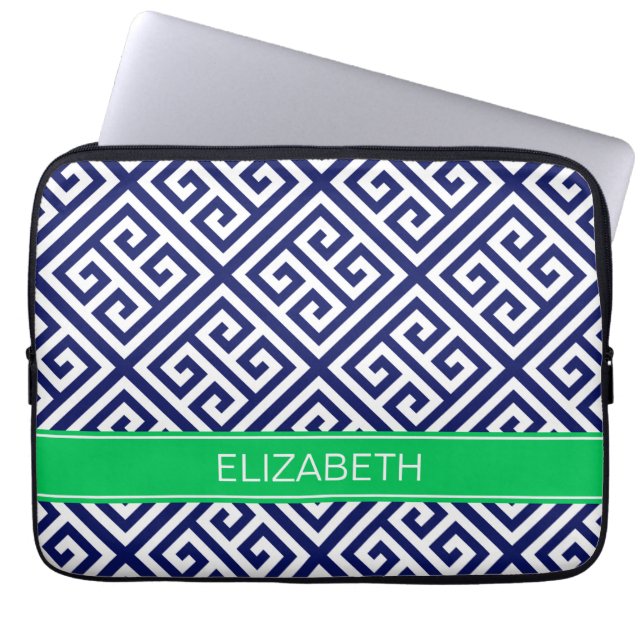 Navy Wt Med Greek Key Diag T Emerald Name Monogram Laptop Sleeve (Front)