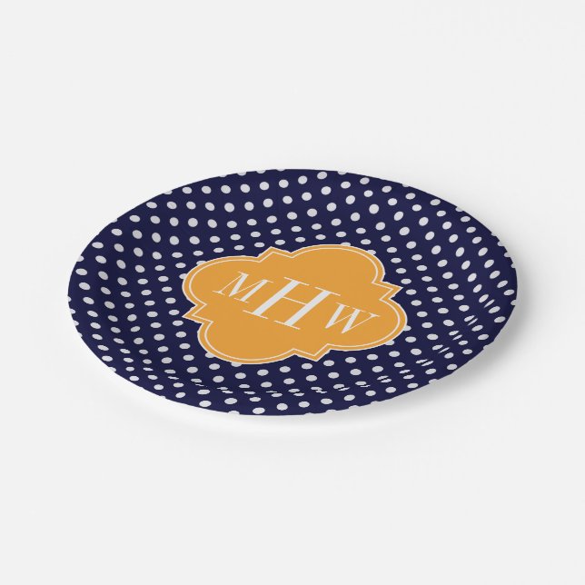Navy Wt Polka Dot Cantaloupe Quatrefoil 3 Monogram Paper Plate (Angled)