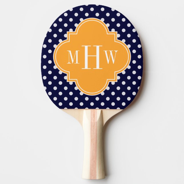 Navy Wt Polka Dot Cantaloupe Quatrefoil 3 Monogram Ping Pong Paddle (Front)