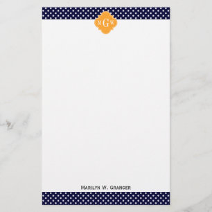 Navy Wt Polka Dot Cantaloupe Quatrefoil 3 Monogram Stationery