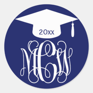 Navy Wt Vine Script Monogram Graduation DIY BG Classic Round Sticker
