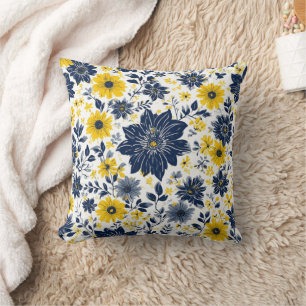 Navy, Yellow and Gray Floral Cushion