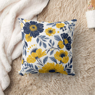 Navy, Yellow and Grey Floral  Cushion