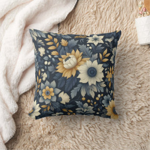 Navy, yellow and grey floral pattern cushion