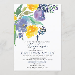 Navy Yellow and Purple Bright Floral Baptism Invitation