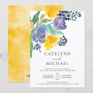 Navy Yellow and Purple Bright Floral Wedding Invitation