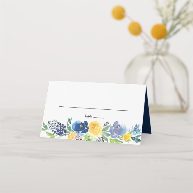 Navy Yellow and Purple Bright Floral Wedding Place Card (Front)