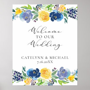 Navy Yellow and Purple Bright Floral Wedding Sign