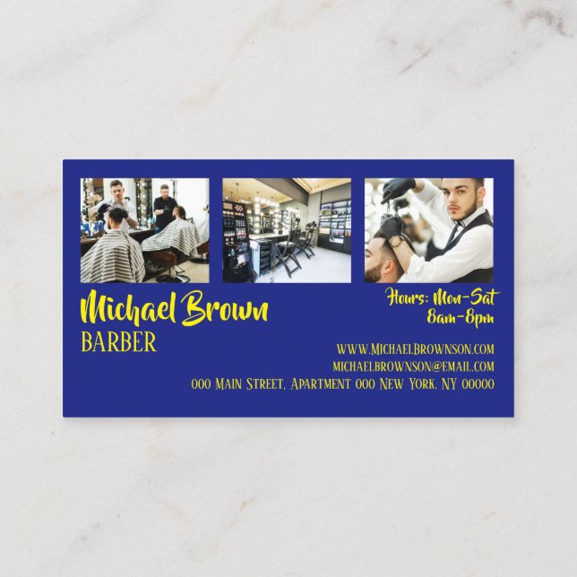 Navy Yellow Barber pole supply shop custom photo Business Card (Back)