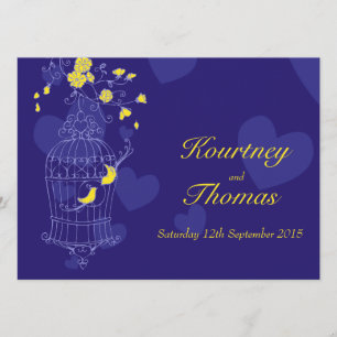 Navy & yellow birds open cage wedding invitation