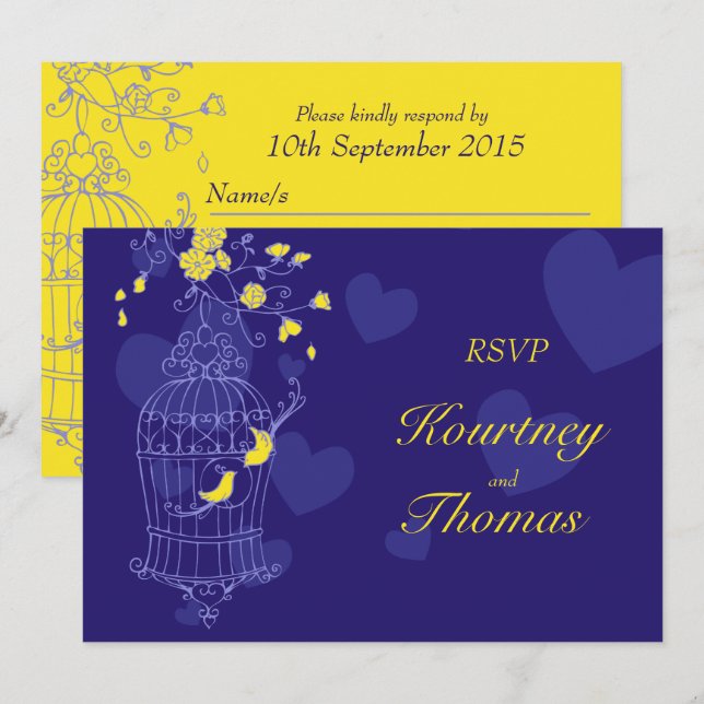 Navy yellow birds open cage wedding RSVP Invitation (Front/Back)
