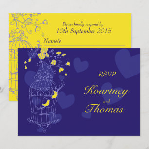 Navy yellow birds open cage wedding RSVP Invitation
