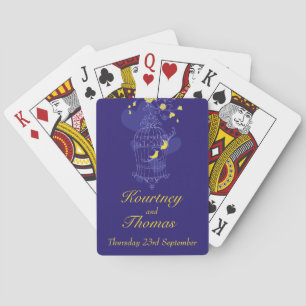 Navy & yellow birds wedding name playing cards