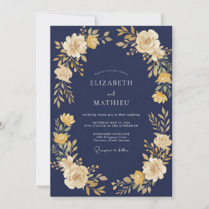 Navy Yellow Blossom Flourish Wedding Invitation