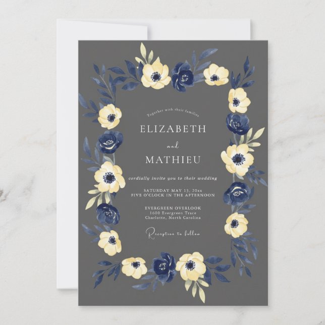 Navy Yellow Blossom Rustic Wedding Invitation (Front)