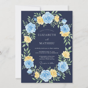 Navy Yellow Blue Watercolor Floral Wedding Invitation