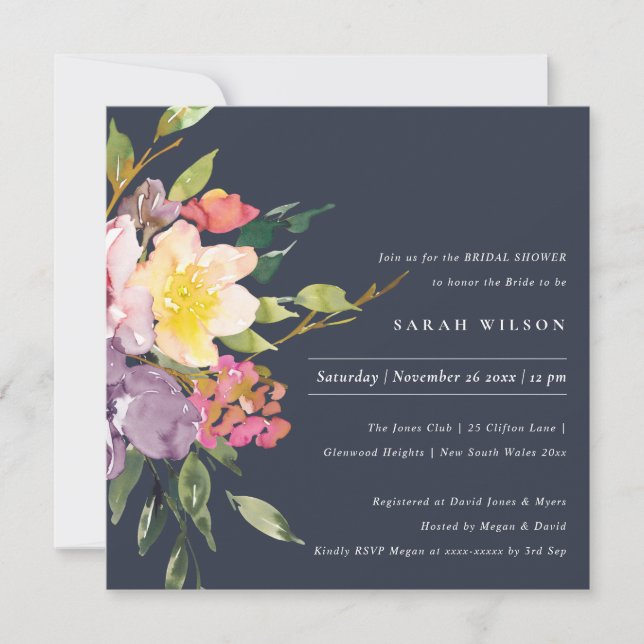 NAVY YELLOW BLUSH BURGUNDY FLORAL BRIDAL SHOWER INVITATION (Front)