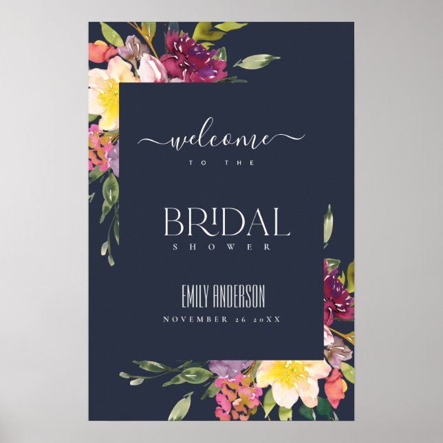 NAVY YELLOW BLUSH BURGUNDY FLORAL BRIDAL SHOWER  POSTER (Front)