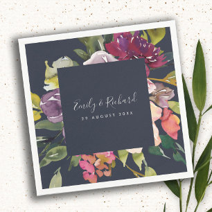 NAVY YELLOW BLUSH BURGUNDY FLORAL BUNCH WEDDING NAPKIN