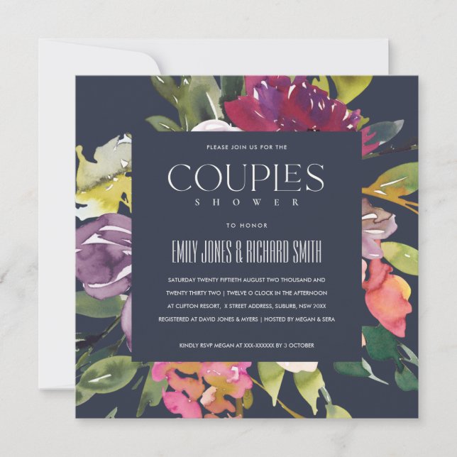NAVY YELLOW BLUSH BURGUNDY FLORAL COUPLES SHOWER INVITATION (Front)
